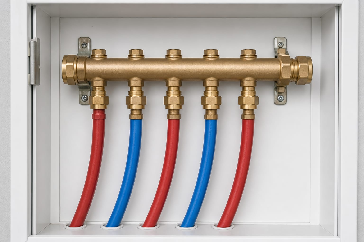 Five-port brass PEX manifold in a white service cupboard feeding red and blue hot and cold pipes