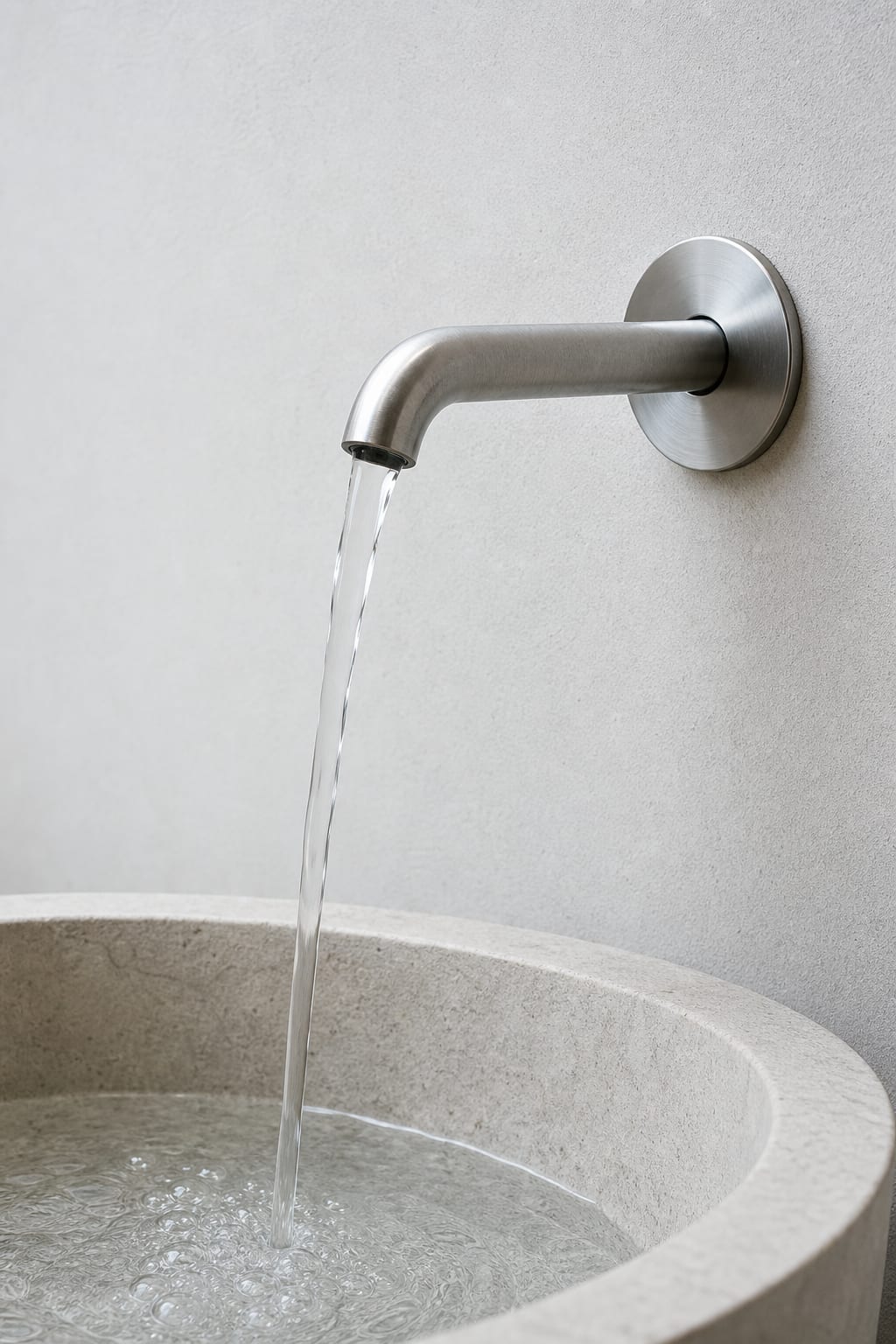 Clear water running from a brushed-steel wall-mounted tap into a pale stone basin