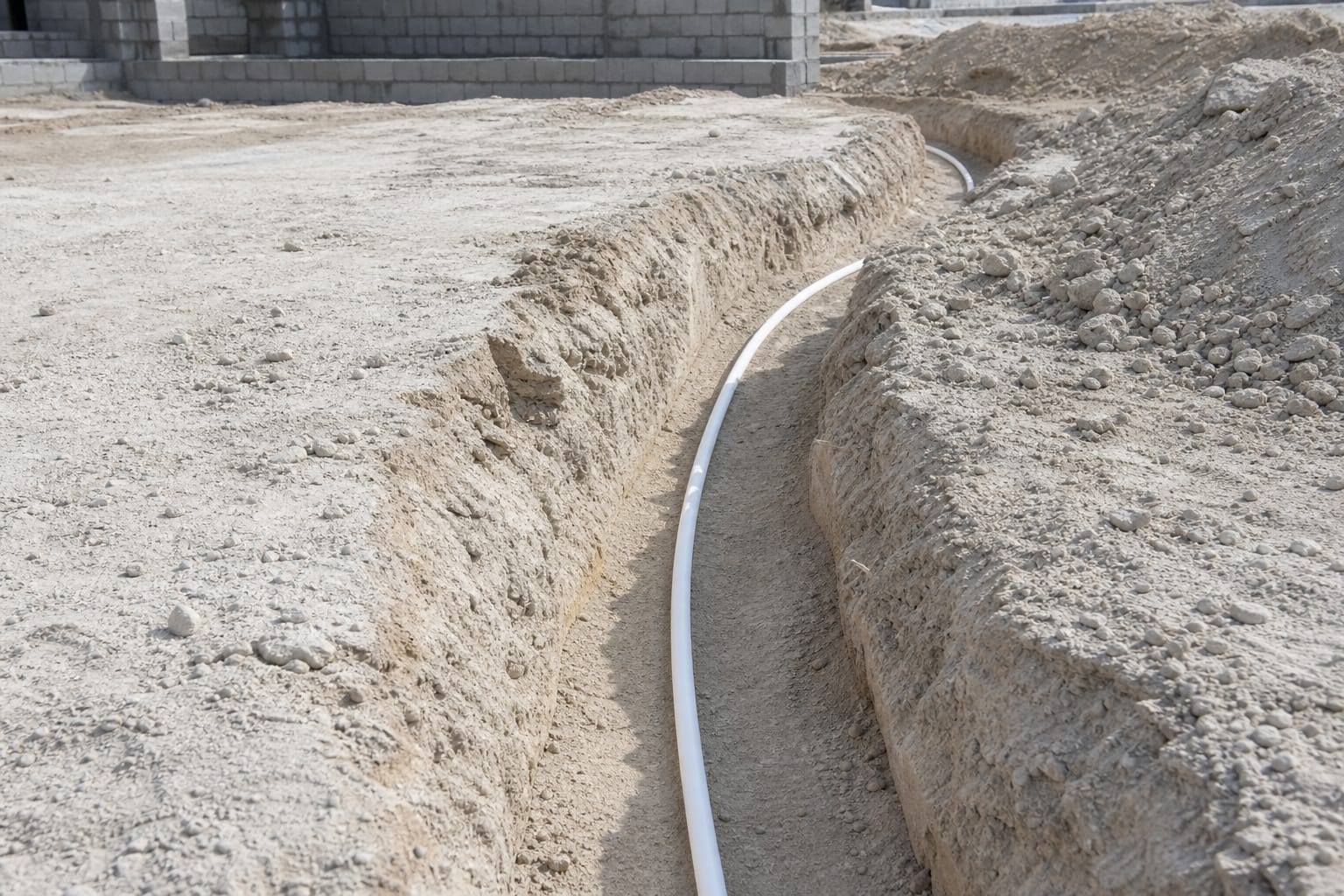 White PE-Xa service pipe laid along the bottom of an open trench cut through pale saline sandy ground