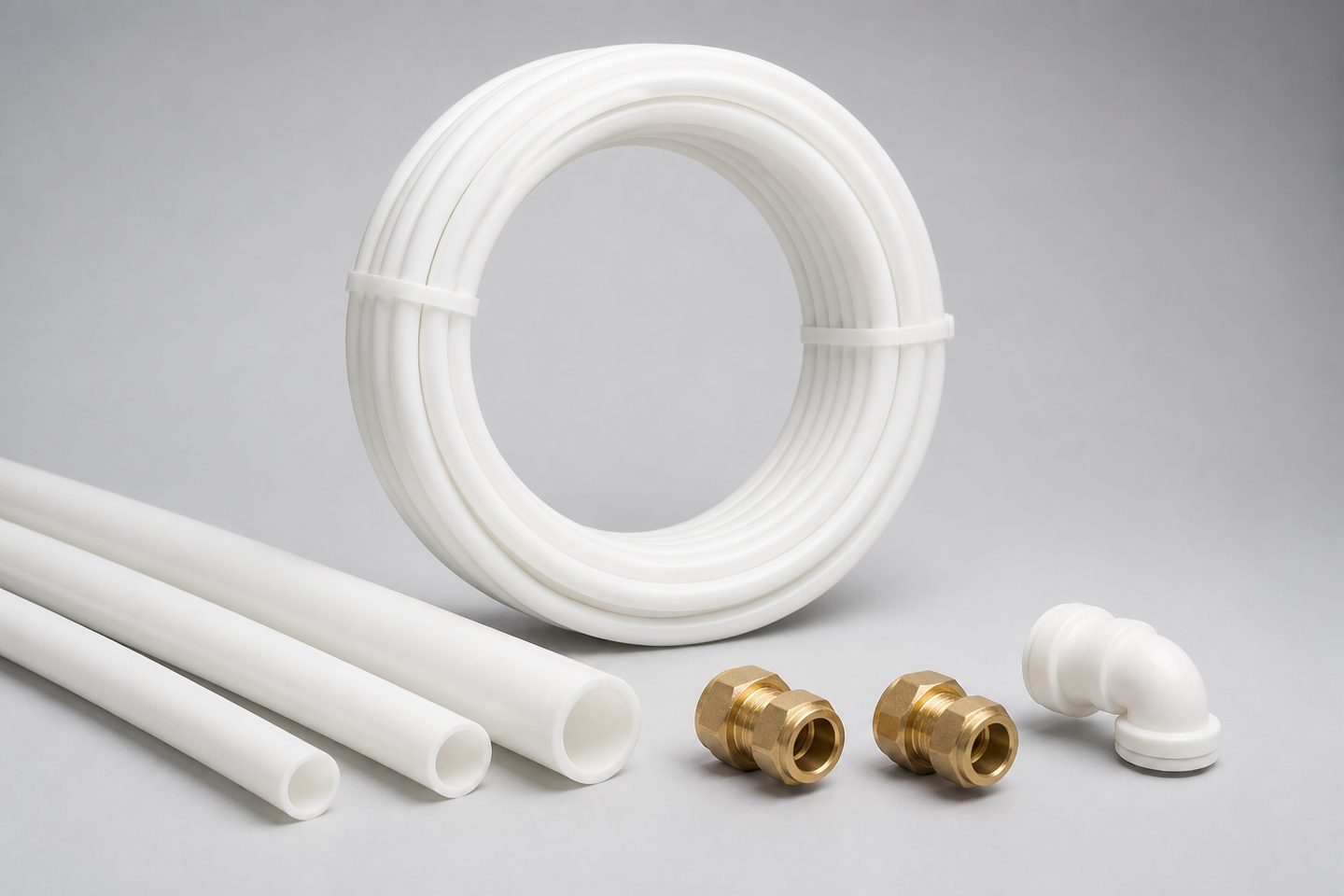 PE-Xa pipe coil, straight lengths, and connection fittings