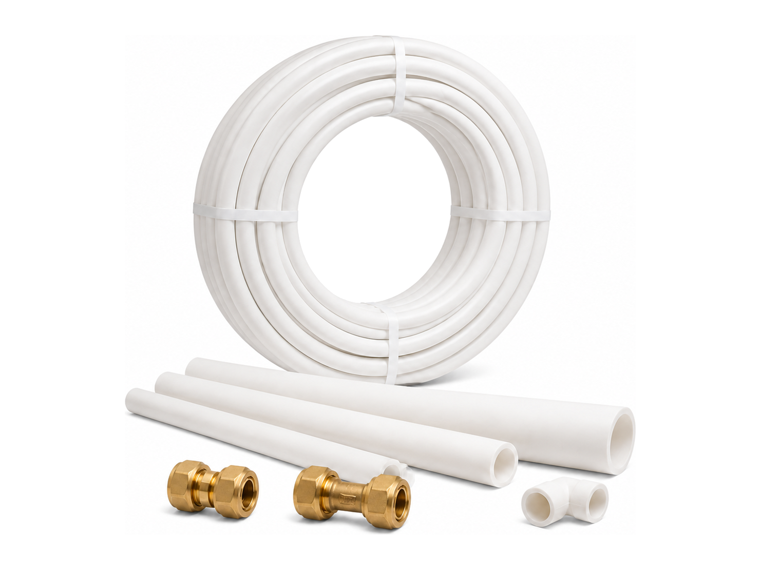PE-Xa pipe coil, straight lengths, and connection fittings