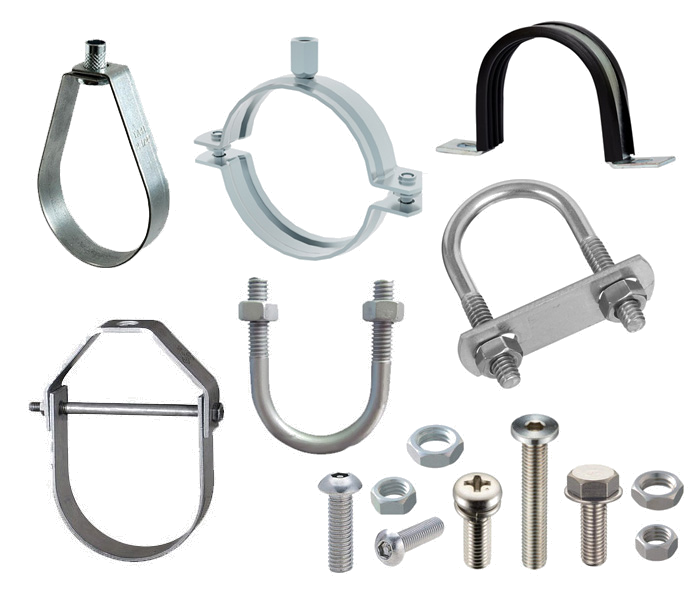 Group of TEMBO pipe supports: clevis hangers, split clamps and beam clamp